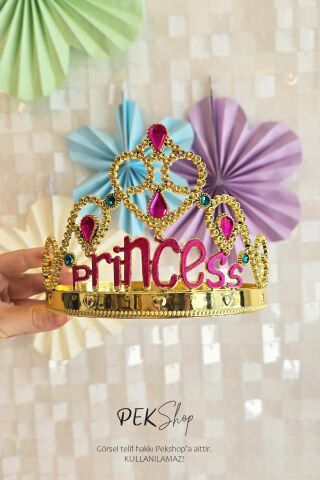 Taşlı Lüks Prenses Tacı GOLD Princess Taç Boyut Ayarlı