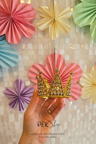 Mini Gold Pasta Tacı Altın Taşlı Lüks Pasta Tacı