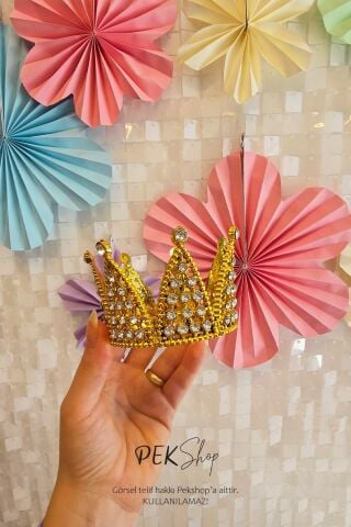 Mini Gold Pasta Tacı Altın Taşlı Lüks Pasta Tacı