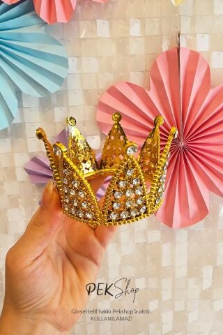 Mini Gold Pasta Tacı Altın Taşlı Lüks Pasta Tacı