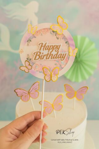 Kelebek Pasta Süsleri Pasta Dekoru Happy Birthday Yazılı Kelebek Pasta Süsleme Seti