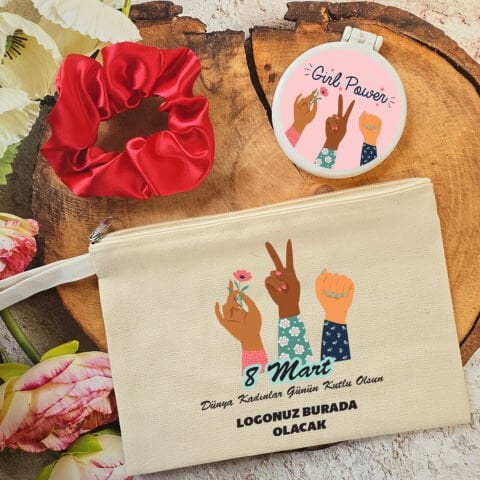 Plastik Aynalı Kadınlar Günü Hediye Seti Girl Power 8 Mart Hediyelik Ayna Toka Çanta