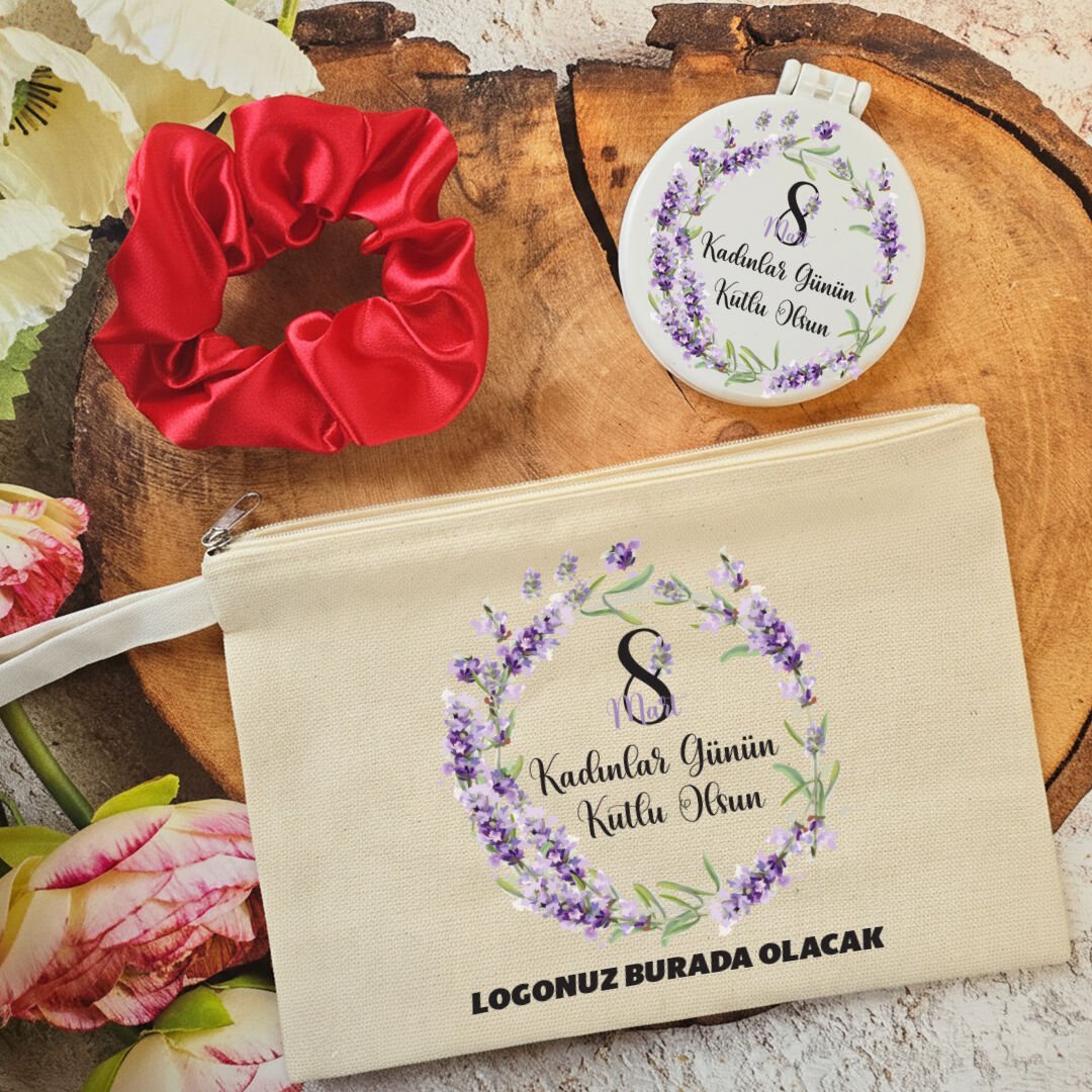 Plastik Aynalı Kadınlar Günü Hediye Seti Lavanta Çiçekleri 8 Mart Hediyelik Ayna Toka Çanta