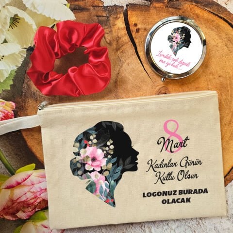 Metal Aynalı Kadınlar Günü Hediye Seti Kadın Silüeti 8 Mart Hediyelik Ayna Toka Çanta