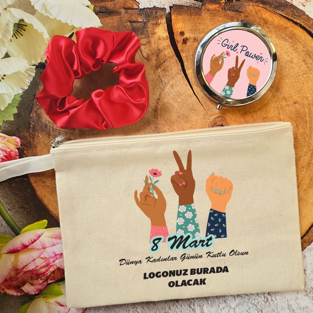 Metal Aynalı Kadınlar Günü Hediye Seti Girl Power 8 Mart Hediyelik Ayna Toka Çanta