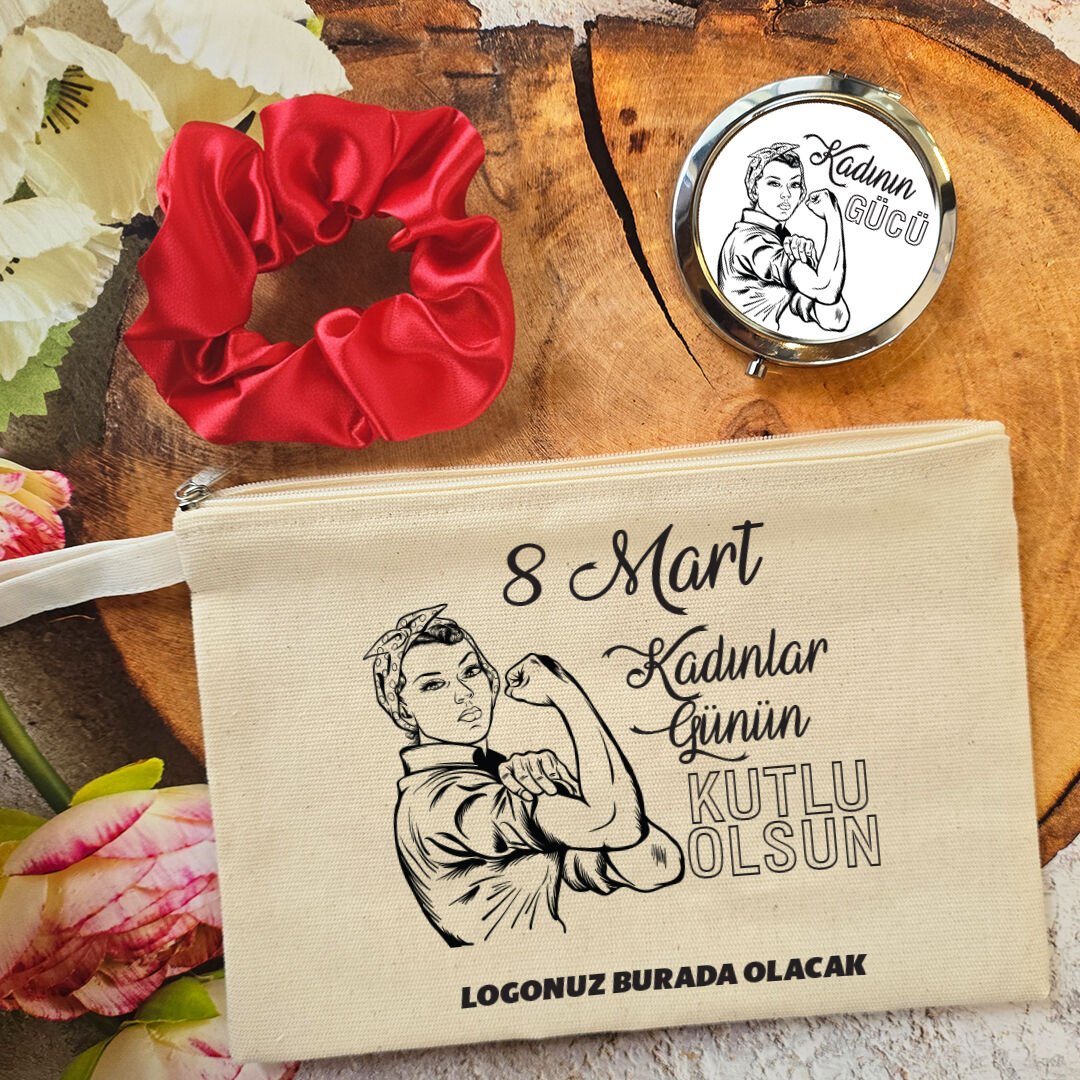 Metal Aynalı Kadınlar Günü Hediye Seti Kadının Gücü 8 Mart Hediyelik Ayna Toka Çanta