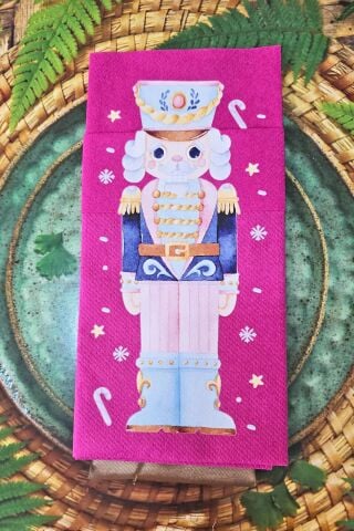 Kumaş Dokulu Fuşya Makaron Kurşun Asker Baskılı Yılbaşı Peçetesi - Cepli Fuşya Peçete 6lı Paket