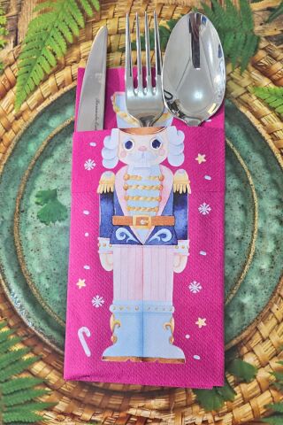 Kumaş Dokulu Fuşya Makaron Kurşun Asker Baskılı Yılbaşı Peçetesi - Cepli Fuşya Peçete 6lı Paket