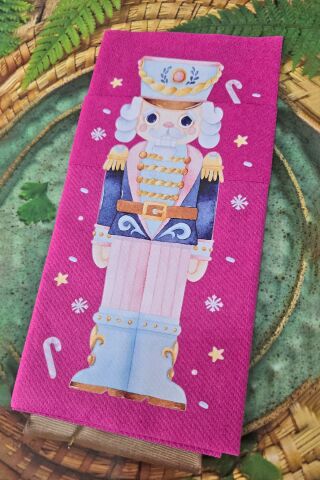 Kumaş Dokulu Fuşya Makaron Kurşun Asker Baskılı Yılbaşı Peçetesi - Cepli Fuşya Peçete 6lı Paket