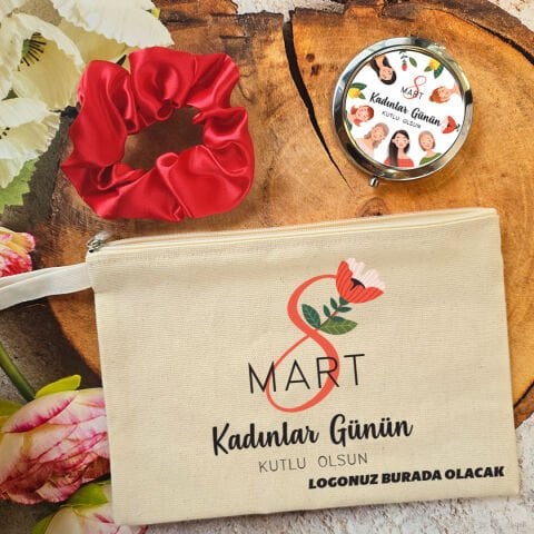 Metal Aynalı Kadınlar Günü Hediye Seti Kadın Figürleri 8 Mart Hediyelik Ayna Toka Çanta