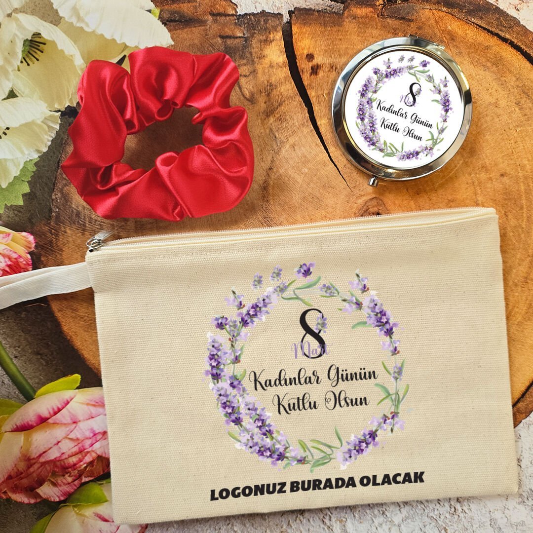 Metal Aynalı Kadınlar Günü Hediye Seti Lavanta Çiçekleri 8 Mart Hediyelik Ayna Toka Çanta