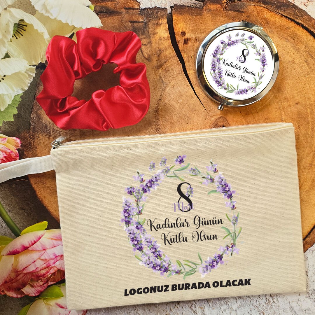 Metal Aynalı Kadınlar Günü Hediye Seti Lavanta Çiçekleri 8 Mart Hediyelik Ayna Toka Çanta