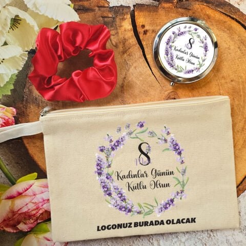 Metal Aynalı Kadınlar Günü Hediye Seti Lavanta Çiçekleri 8 Mart Hediyelik Ayna Toka Çanta
