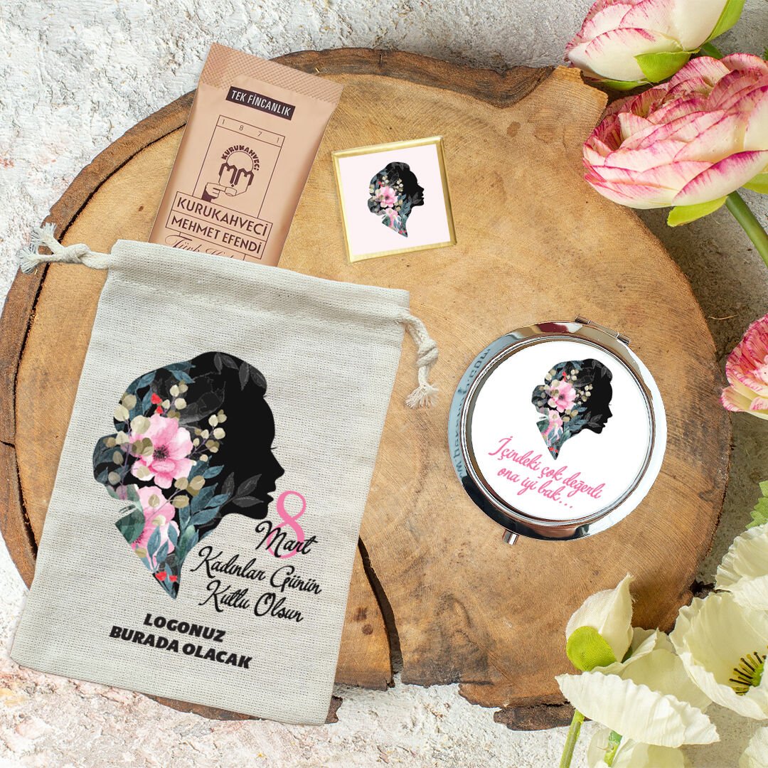 Metal Aynalı Kahveli Kadınlar Günü Hediye Seti Kadın Silüeti 8 Mart Hediyelik Ayna Toka Çanta