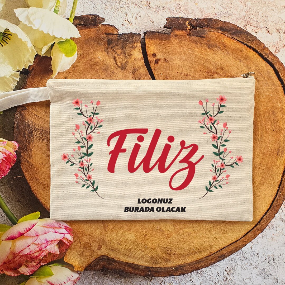 Tek Tek İsimli Makyaj Çantası 8 Mart Kadınlar Günü Logo Baskılı Kırmızı Çiçekli