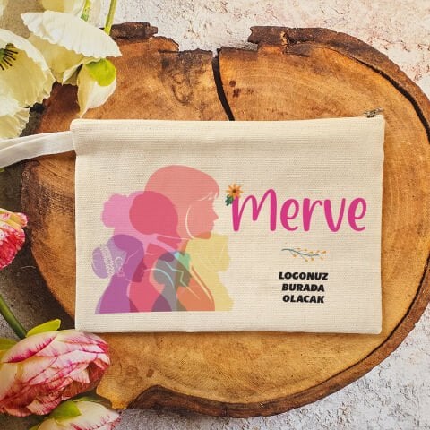 Tek Tek İsimli Makyaj Çantası 8 Mart Kadınlar Günü Logo Baskılı Renkli Kadınlar