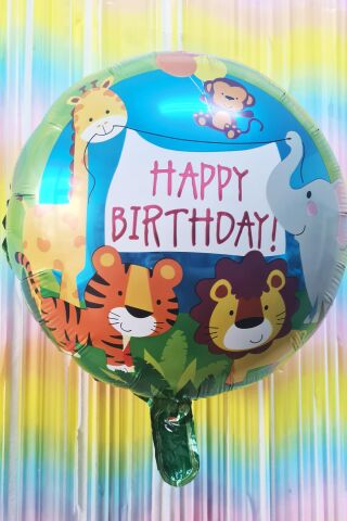 Yuvarlak Safari Temalı Folyo Balon Happy Birthday Yazılı Safari Konsept Doğum Günü Balonu 45cm