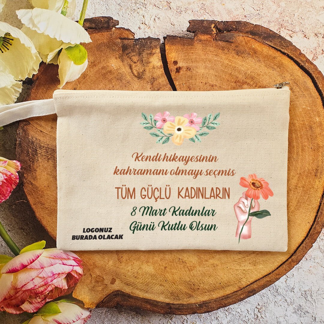 Makyaj Çantası 8 Mart Kadınlar Günü Logo Baskılı Turuncu Çiçekler