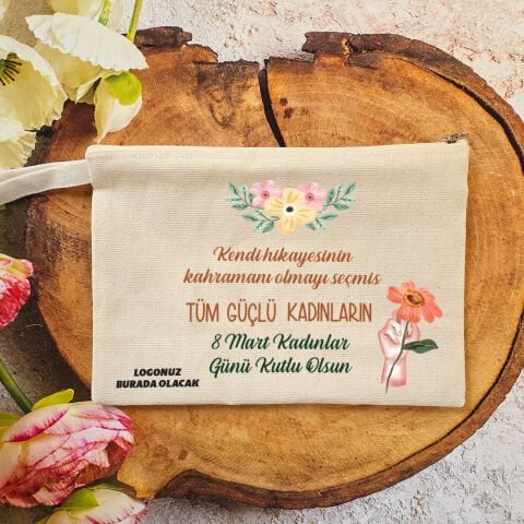 Makyaj Çantası 8 Mart Kadınlar Günü Logo Baskılı Turuncu Çiçekler