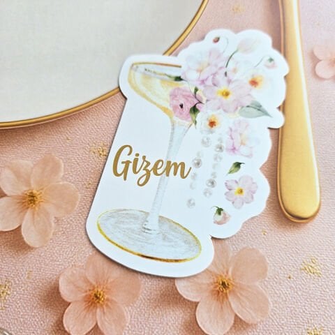 Çiçekli Gold Bride Konsept Tek Tek İsimli Kadeh Şeklinde Kart