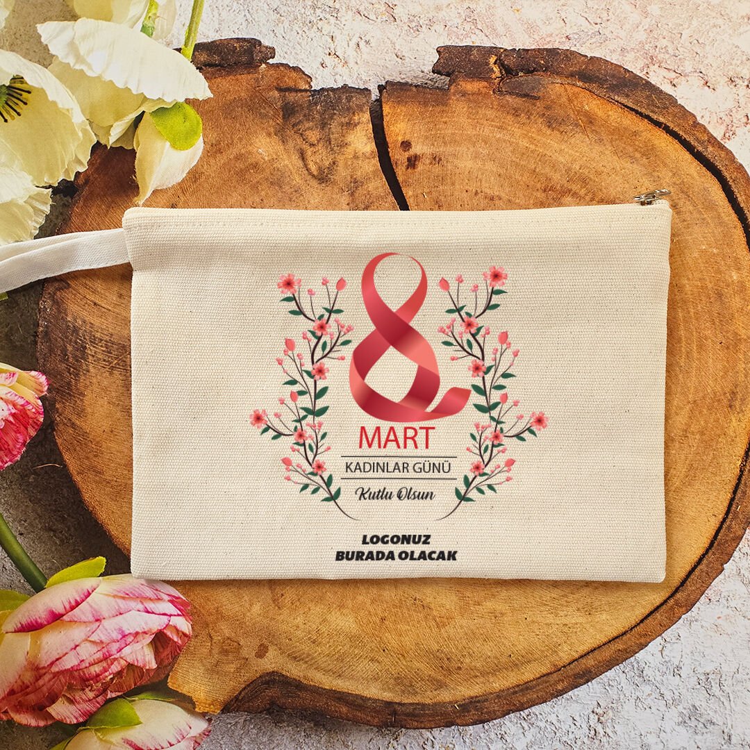 Makyaj Çantası 8 Mart Kadınlar Günü Logo Baskılı Kırmızı Çiçekler