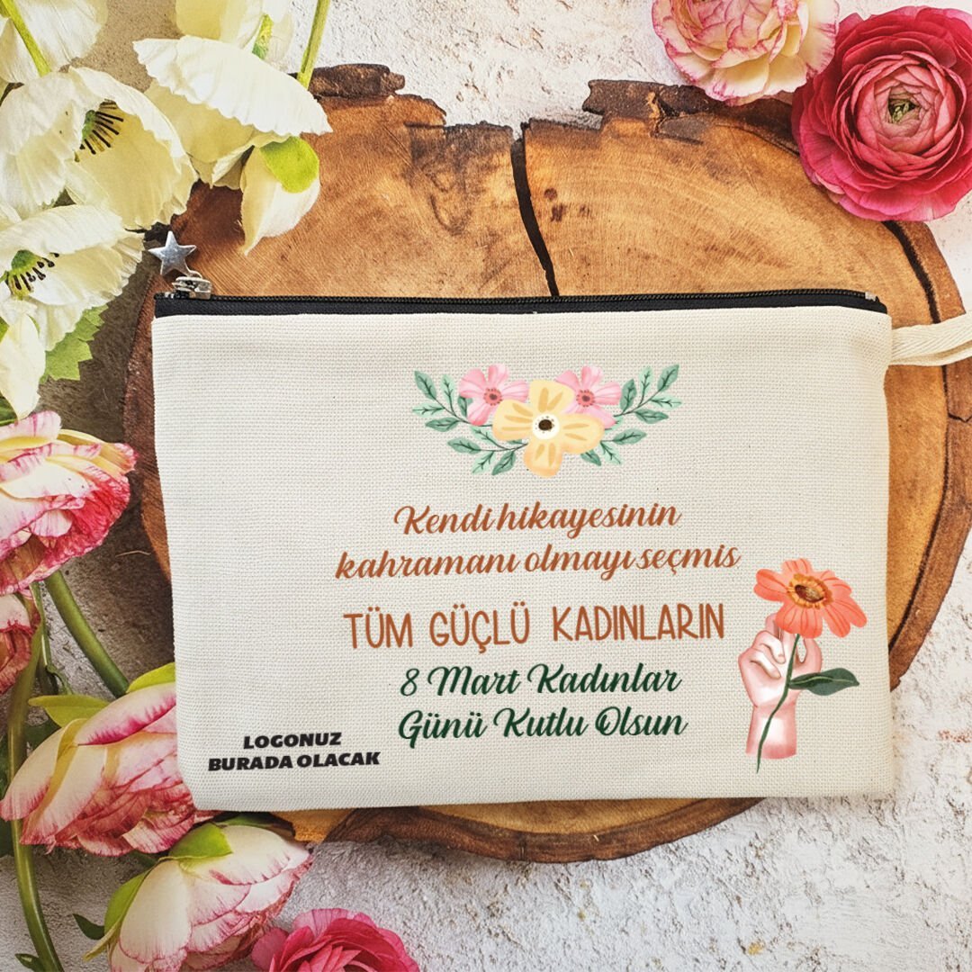 Astarlı Lüx Clutch Çanta Turuncu Çiçekler 8 Mart Kadınlar Günü Logo Baskılı