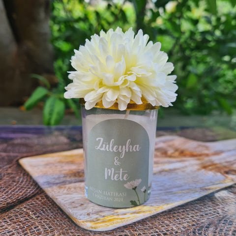 Retro Green Yapay Çiçek Süslemeli Konsept Mum Hediyelik