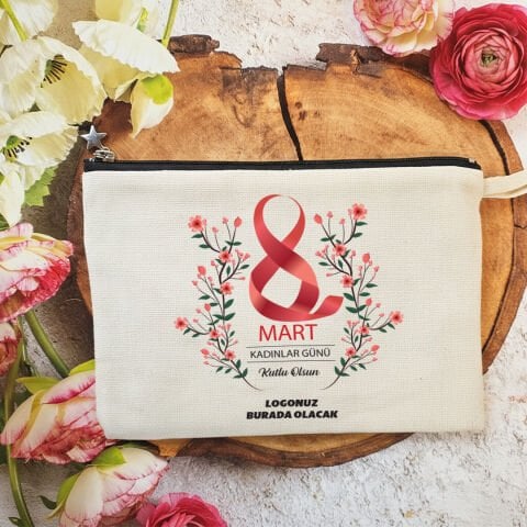 Astarlı Lüx Clutch Çanta Kırmızı Çiçekler 8 Mart Kadınlar Günü Logo Baskılı
