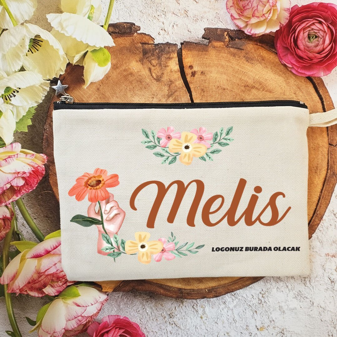 Tek Tek İsimli Astarlı Lüx Clutch Çanta Turuncu Çiçekler 8 Mart Kadınlar Günü Logo Baskılı
