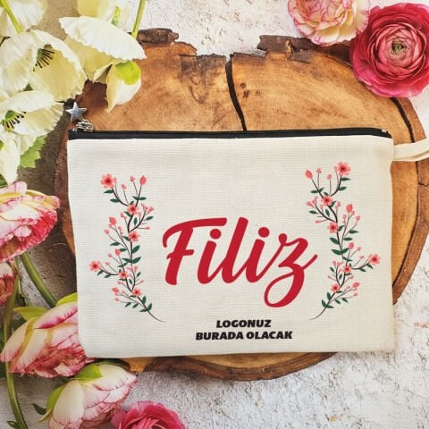 Tek Tek İsimli Astarlı Lüx Clutch Çanta Kırmızı Çiçekler 8 Mart Kadınlar Günü Logo Baskılı