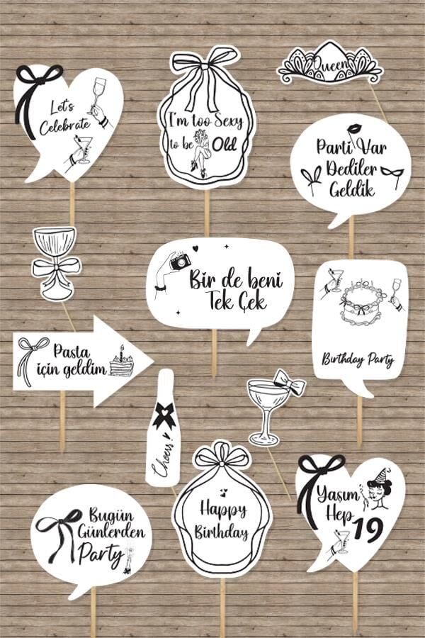 Siyah Zarif Fiyonklar Doğum Günü Konuşma Balonları Seti Pankartları