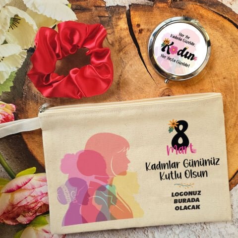 Metal Aynalı Kadınlar Günü Hediye Seti Renkli Kadınlar 8 Mart Hediyelik Ayna Toka Çanta