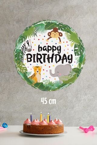 Yuvarlak Wild Safari Temalı Folyo Balon Happy Birthday Yazılı Safari Konsept Doğum Günü Balonu 45cm