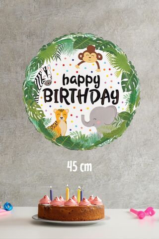 Yuvarlak Wild Safari Temalı Folyo Balon Happy Birthday Yazılı Safari Konsept Doğum Günü Balonu 45cm