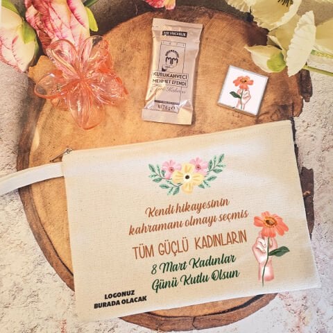 Tokalı Kahveli Kadınlar Günü Hediye Seti Turuncu Çiçekler 8 Mart Hediyelik  Toka Çanta