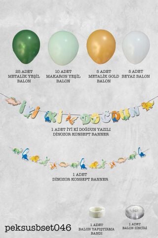 Dinozor Konsept Doğum Günü Balon Zinciri Banner İyi ki Doğdun Yazı Seti