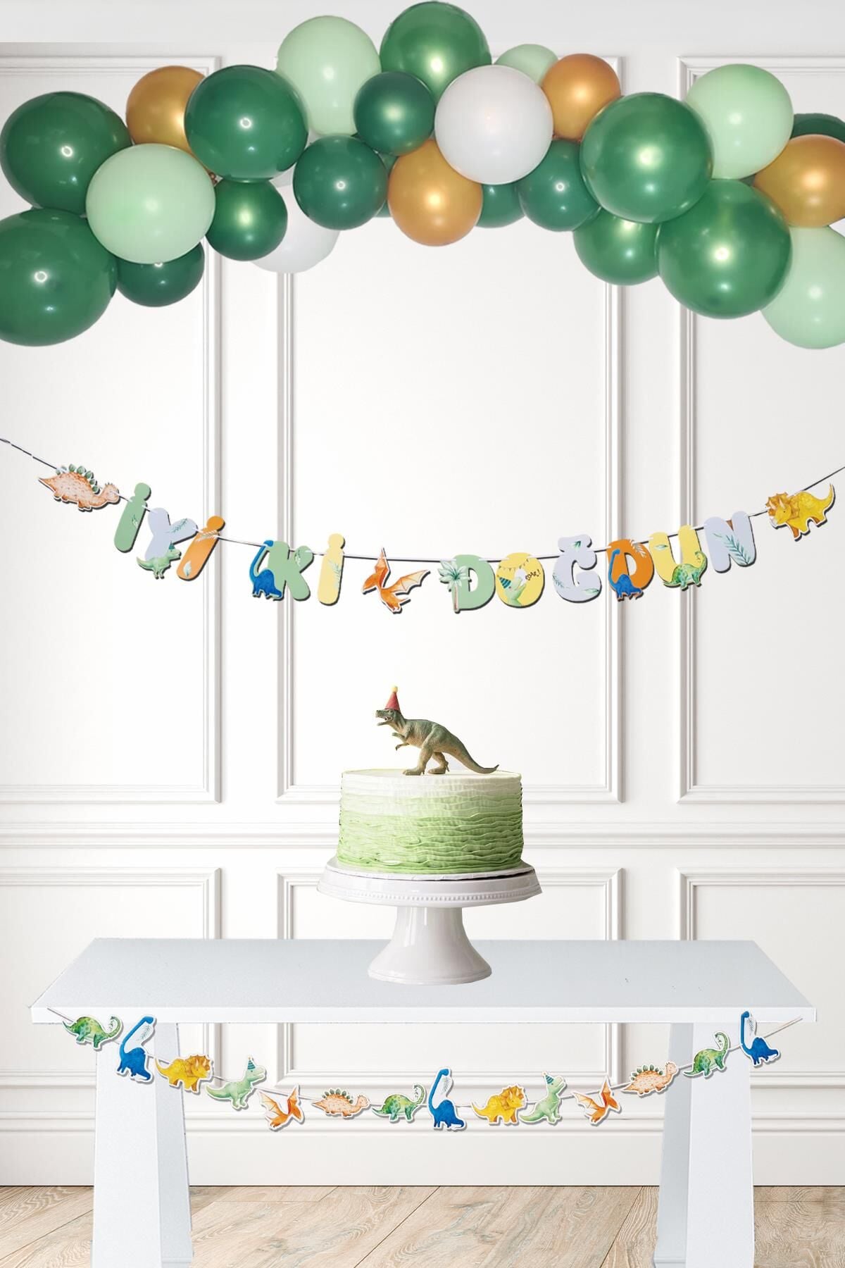 Dinozor Konsept Doğum Günü Balon Zinciri Banner İyi ki Doğdun Yazı Seti
