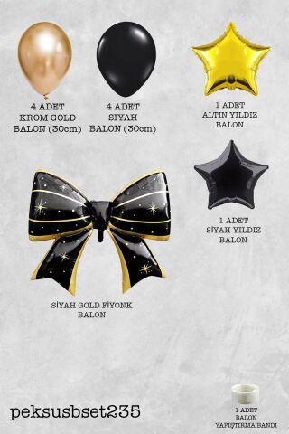 Siyah Gold Fiyonk Folyo Balonlu Gold ve Siyah Tema Balon Seti Set235