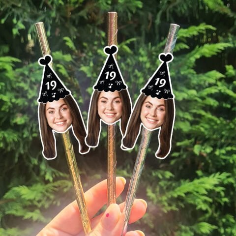 Siyah Fiyonk Şapkalı Fotoğraf Baskılı Pipet Takımı 5 li