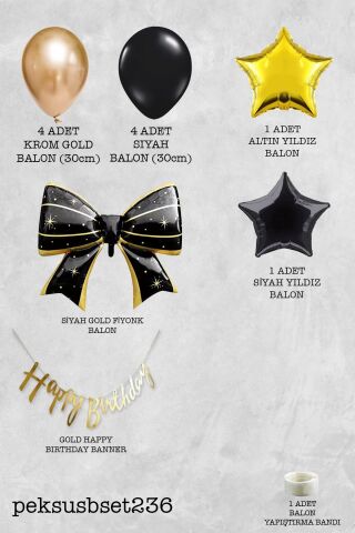 Happy Birthday Bannerlı Siyah Gold Fiyonk Folyo Balonlu Gold ve Siyah Tema Doğum Günü Balon Seti