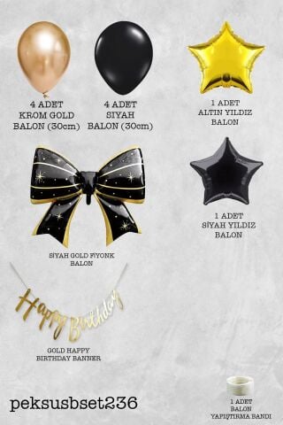 Happy Birthday Bannerlı Siyah Gold Fiyonk Folyo Balonlu Gold ve Siyah Tema Doğum Günü Balon Seti