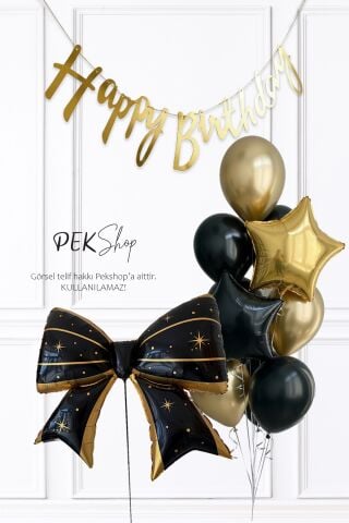 Happy Birthday Bannerlı Siyah Gold Fiyonk Folyo Balonlu Gold ve Siyah Tema Doğum Günü Balon Seti
