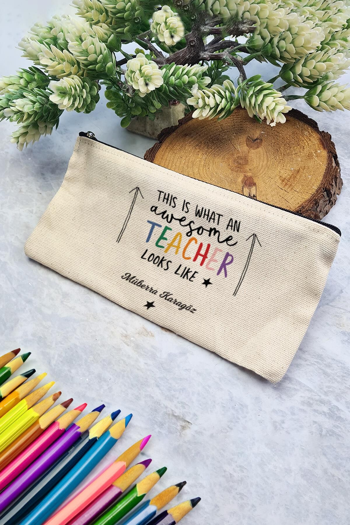 Öğretmenler Günü Hediyesi Fermuarlı Bez Kalemlik Çanta İsme Özel