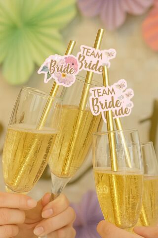 Bride Pipet Seti Çiçekli Gold Konsept Bekarlığa Veda Bride Party Süslü Pipet Takımı 5 li