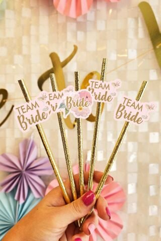 Bride Pipet Seti Çiçekli Gold Konsept Bekarlığa Veda Bride Party Süslü Pipet Takımı 5 li