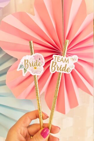 Bride Pipet Seti Çiçekli Gold Konsept Bekarlığa Veda Bride Party Süslü Pipet Takımı 5 li
