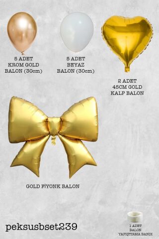 Gold Fiyonk Folyo Balonlu Beyaz Gold Tema Balon Seti Set239