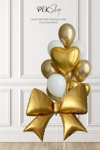 Gold Fiyonk Folyo Balonlu Beyaz Gold Tema Balon Seti Set239