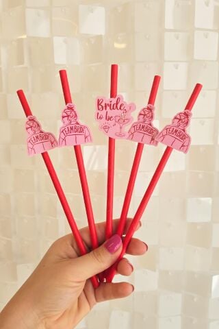 Bride Pipet Seti Kırmızı Kız Konsept Bekarlığa Veda Bride Party Süslü Pipet Takımı 5 li