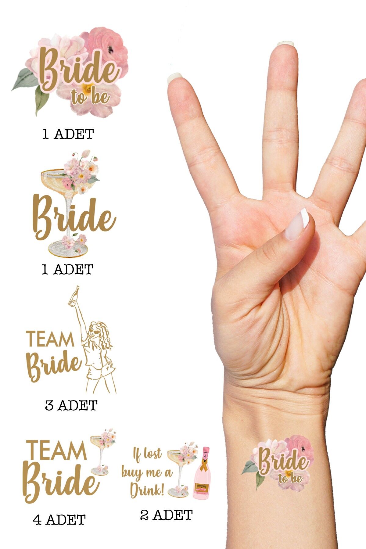 Çiçekli Gold Bride to be Bekarlığa Veda Bride Dövme, Team Bride Dövme Paketi